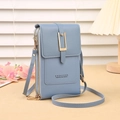 Fog blue cross-body phone bag with litchi texture and golden U-shaped buckle detail - Blue