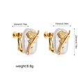 Detail view of gold flower earrings with white pearl base and product size specifications - Lotus Leaf