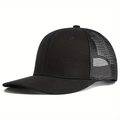 Detail of a black trucker hat with breathable nylon mesh and curved visor for outdoor sun protection - Black/Black Mesh