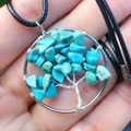 Handmade Tree of Life necklace with green turquoise stones and black leather cord - Turquoise