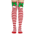 Detail of over-knee Christmas socks with red stripes, green bows and white pom-poms - One Size / Green Bowknot With White Pompom / Red and White Striped