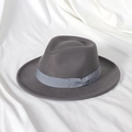 Detailed view of teardrop crown and silk ribbon on vintage grey wool fedora hat - 58cm (Adult) / Gray