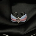 Detail of a french style open ring featuring a pink teardrop gemstone and blue enamel stripes - Adjustable Open / Pink Blue Striped Pink Stone