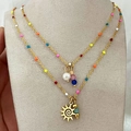 Double-layered 18k gold plated necklace featuring colorful stone beads and sun pendant - Sun Pendant / Colorful