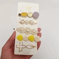 5-piece candy colored hair clip set with pearls and hearts on white display card - Charming Yellow (5 Piece Set)