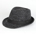 Detailed close-up of dark grey tweed wool fabric and black ribbon on a classic jazz fedora - Adjustable / Dark Gray