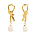 Pendientes de lazo en acero inoxidable chapado en oro 18K con perlas blancas - Pendientes de Perlas con Nudo - Dorado