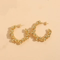 Golden C-shaped hoop earrings with twisted rope design and small round beads detail - C-Shaped Thorn Beads / 14K Gold