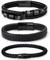 Set of three black braided leather bracelets for men with secure magnetic metal clasps - Braided Bracelet Combination Set