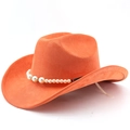 Detail of orange suede cowboy hat featuring elegant white pearl bead headband trim - M (56-58cm) / Orange