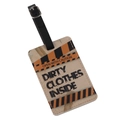Beige PU leather luggage tag featuring Dirty Clothes Inside print with black strap - Dirty Clothes Inside/Open With Caution