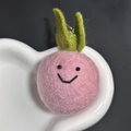 Handmade pink wool felt fruit pendant with smiling face embroidery and green leaves - Pink Ball