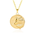 Detailed close-up of 18k gold plated stainless steel round pendant with embossed wolf head - Gold