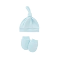 Close-up of light blue cotton newborn knotted hat and matching anti-scratch mittens set - Light Blue Hat and Mittens