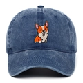 Détail de la broderie de corgi sur une casquette de baseball en jean bleu délavé vintage - Taille unique / Bleu marine