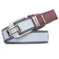 Men's grey striped woven canvas belt with silver pin buckle and brown leather trim - 100cm / Grey Stripe