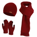 Winter knit set in dark red including ribbed beanie, tassel scarf and touchscreen gloves - Wine Red (3-Piece Set)