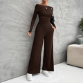 Women Y2K dark brown two-piece lounge set with off-shoulder long sleeve top and wide-leg pants - S / Brown
