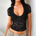 Y2K sexy black lace short sleeve top with deep V-neck and decorative bow details - S / Black