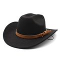 Classic black wool felt cowboy hat with vintage brown leather belt and metallic buckle - M (56-58cm) / Black