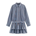 Blau-braun kariertes Langarm-Hemdkleid mit Gürtel und zweistufigem Rüschensaum am Rock - XS / Blau Karo