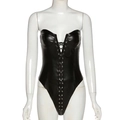 Sleeveless black PU leather bodysuit with lace-up eyelets and a plunging V-neckline - S / Black