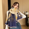 Elegant navy and beige faux cashmere scarf with gold floral patterns and fringe - Magnolia Fragrance-Yellow Purple