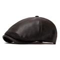 Berretto piatto classico in pelle nera da uomo con estetica vintage e cuciture di pregio - Regolabile / Marrone