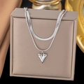 Double layer silver heart pendant necklace with flat snake chain and delicate ring link - Double Layer Heart / Steel