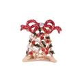 Christmas bell brooch with gold metal, red rhinestones, green enamel leaves, and pearls - Bowknot Christmas Bell