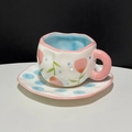 Irregular ceramic cup and saucer set with hand-painted pink tulips and green leaves - 250ML / Pink Floral