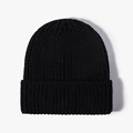 Classic black rib-knit cuffed beanie hat with thick winter warm stretch material - Black