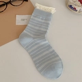 Striped cotton crew socks in light blue with white stripes and ruffled cuffs - One Size / Light Blue Cream