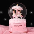 Pink carousel music box snow globe with unicorns and a castle base for Christmas gifts - K01-Pink