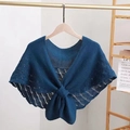 Elegant blue knit shawl with hollow pattern on wooden hanger for women's fashion - Dark Blue / 60-80cm