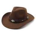 Dark brown wool felt western cowboy hat with vintage leather belt and metal buckles - Brown