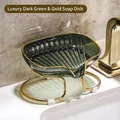 Luxury dark green soap dish with gold rim and metal base for bathroom counter decor - Emerald Green