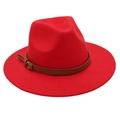 Detailed close-up of a red wool fedora hat with a brown leather belt and gold buckle - Red (Brown Belt)