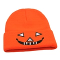 Oranje Halloween gebreide muts met zwart-witte pompoen glimlach borduursel erop - M (56-58cm) / Oranje
