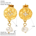 Size and material chart for 18k gold plated fan earrings with pearl and star design - Starburst Round Rhinestone Style (SE360G)