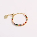 Close-up of golden adjustable chain ring featuring colorful zircons and heart charm - Adjustable Open / Turquoise Multicolor - Gold