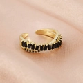 Gold adjustable double ring with black zircon stones on pink silk fabric background - Double Layer Crossover / Black Zirconia Gold Plated