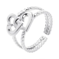 Detail view of double heart interlocking ring with twisted rope band and adjustable opening - Silver