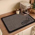 Absorbent grey linen-textured coffee machine mat with black border and Coffee House text - American Brown Linen