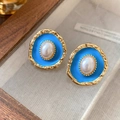 Vintage blue enamel flower stud earrings with gold frame and central pearl accent - Silver Needle Pearl Pleated Stud Earrings - Gold Blue (57#)