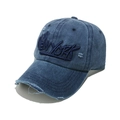 Detail of distressed navy blue washed cotton baseball cap with New York star embroidery - Navy Blue