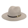 Close-up of grey straw fedora hat featuring a black band and gold horsebit buckle detail - M (56-58cm) / Light Gray