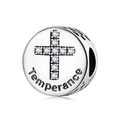 S925 sterling silver charm bead with white zircon cross and Temperance engraving - Temperance