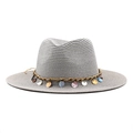 Detail of grey fedora straw hat featuring colorful shell pendants on a brown woven band - M (56-58cm) / Gray