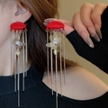 Elegant red lip stud earrings with silver tassels, butterfly charms, and crystal accents - 86# Red Butterfly